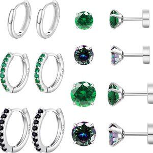 7 Pairs Surgical Steel Flat Back Stud and Huggie Hoop Earrings for Sensitive Ear